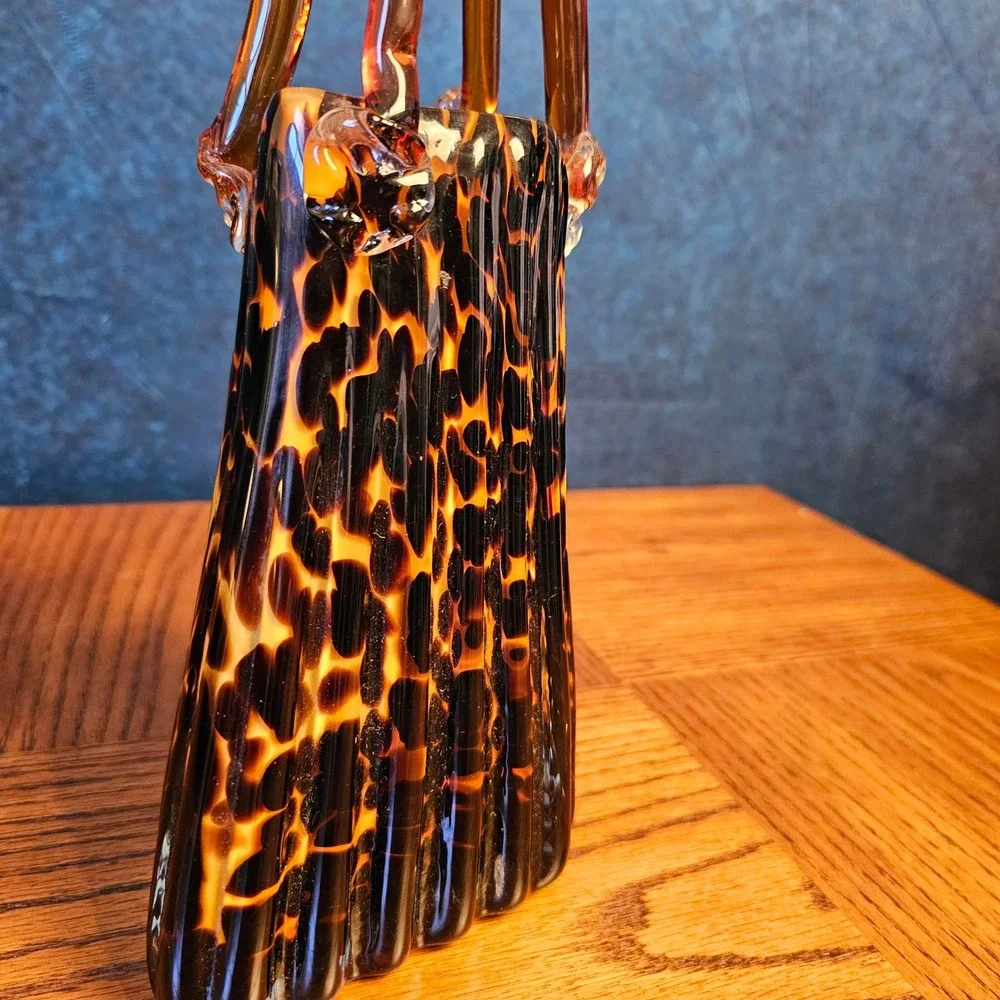 Vintage Art Glass Tortoiseshell Purse Vase Amber Brown Leopard Print Hand Blown